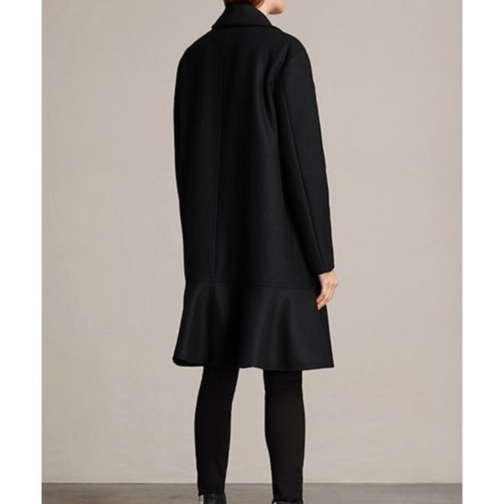 Allsaints Grace Coat Wool Ruffle Hem Long Overcoat Jacket, Black - Picture 15 of 16